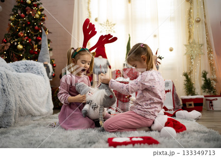 Two little girls playing with Christmas gnomes in a decorated living room Two little girls playing with Christmas gnomes in a decorated living room 133349713