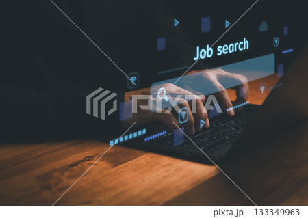 Job search concept with person using laptop for online career opportunities, recruitment, employment, hiring process, digital technology, remote work, and professional networking platforms. 133349963