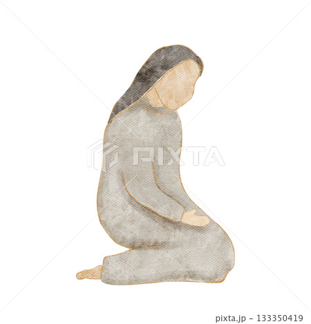 Virgin Mary watercolor illustration isolated on white. Kneeling woman, soft neutral palette textures, simple shapes, ideal for nativity scenes, Christmas cards, faith-based decor, educational projects 133350419