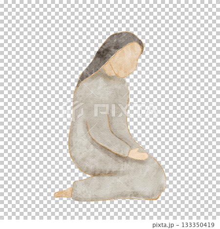 Virgin Mary watercolor illustration isolated on white. Kneeling woman, soft neutral palette textures, simple shapes, ideal for nativity scenes, Christmas cards, faith-based decor, educational projects 133350419