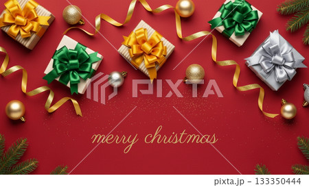 赤い背景とカラフルなプレゼントボックスの華やかなクリスマスデザイン 133350444