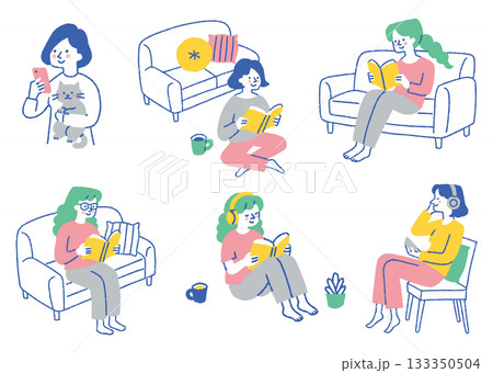 毎日の暮らしを楽しむ女性のセット_色 133350504