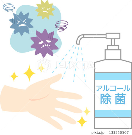 アルコール除菌スプレーと清潔な手とバイキン アルコール除菌スプレーと清潔な手とバイキン 133350507