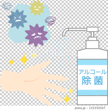 アルコール除菌スプレーと清潔な手とバイキン アルコール除菌スプレーと清潔な手とバイキン 133350507
