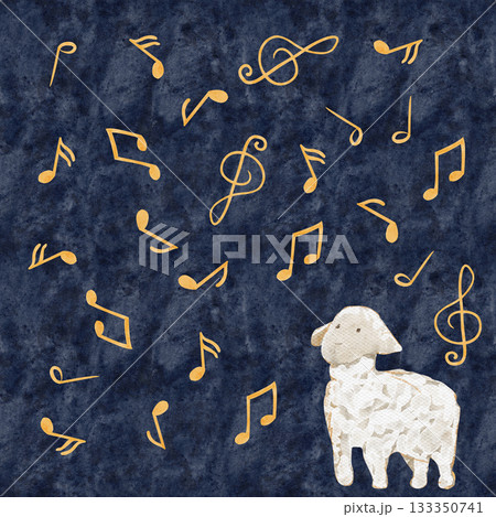 Lamb surrounded by musical notes. A gentle watercolor illustration on blue background. For children themes, cards, nursery prints, lullaby designs, educational materials, whimsical creative projects 133350741