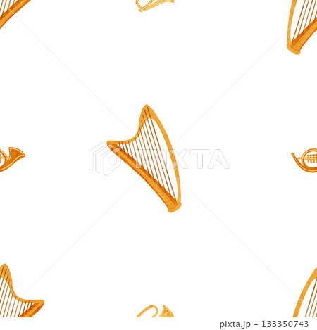 Golden harps and brass horns, airy rhythmic musical layout. Watercolor seamless pattern isolated on white. Hand-painted clip art ideal for festive textiles, wrapping paper, cards, creative projects 133350743