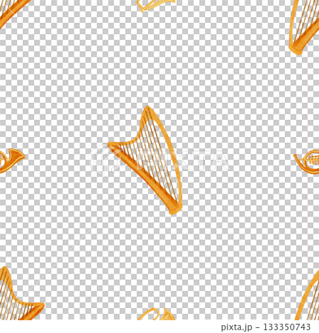Golden harps and brass horns, airy rhythmic musical layout. Watercolor seamless pattern isolated on white. Hand-painted clip art ideal for festive textiles, wrapping paper, cards, creative projects 133350743