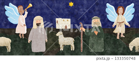 Nativity shepherds, angels, Bethlehem house and sheep. Hand-painted watercolor seamless border on dark background. Perfect for Christmas cards, Sunday school, banners, textile and Christian decor Nativity shepherds, angels, Bethlehem house and sheep. Hand-painted watercolor seamless border on dark background. Perfect for Christmas cards, Sunday school, banners, textile and Christian decor 133350748