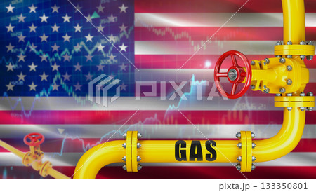 Gas pipeline with USA flag in the background. Gas production with american flag on market chart 133350801