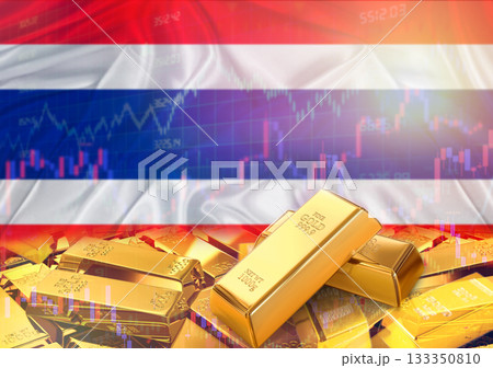 Gold bars on Thailand flag in background. Gold bars stacked on Thai flag. Concept of Thailand gold reserves Gold bars on Thailand flag in background. Gold bars stacked on Thai flag. Concept of Thailand gold reserves 133350810