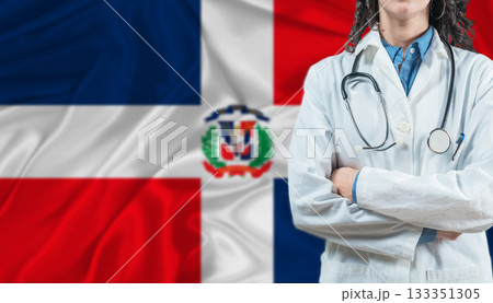 Medical professional on Dominican Republic flag. Healthcare and wellness in Dominican Republic, Concept Medical professional on Dominican Republic flag. Healthcare and wellness in Dominican Republic, Concept 133351305