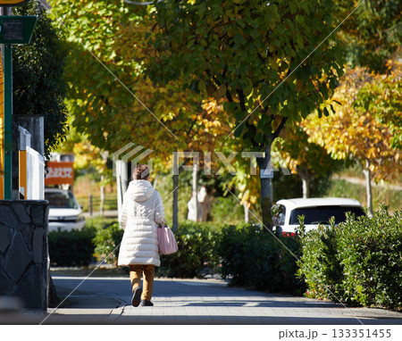秋の街の住宅街で歩くシニア女性の姿 秋の街の住宅街で歩くシニア女性の姿 133351455