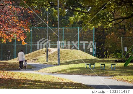 秋の公園で遊んでいる保育園の園児と保育士の姿と綺麗な紅葉の風景 秋の公園で遊んでいる保育園の園児と保育士の姿と綺麗な紅葉の風景 133351457