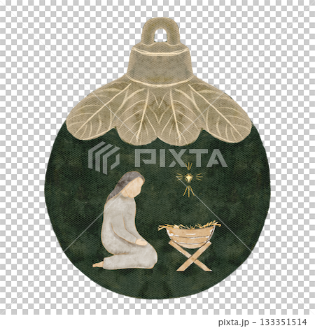 Virgin Mary kneeling by the manger inside a dark green Christmas ornament with a small golden star. Nativity illustration for Christmas cards, religious layouts, holiday printables, seasonal decor 133351514