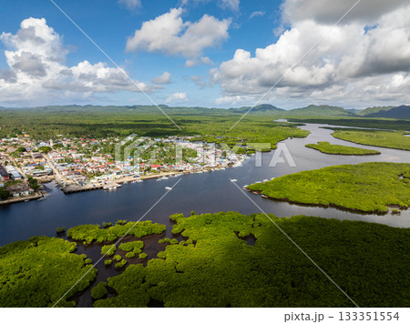 Town along riverbanks surrounded by mangrove forest and mountains in background. Siargao, Philippines. 133351554