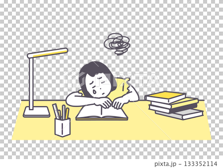 Illustration of a girl who is struggling to progress in her home study due to difficulty. Tired and worried. 133352114