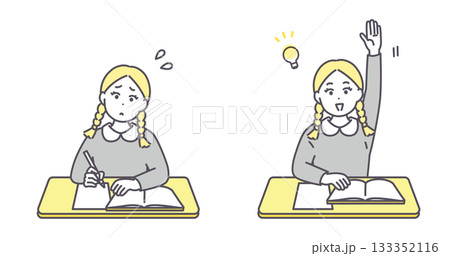 疑問　理解　机で学習する女の子のイラストセット　 133352116