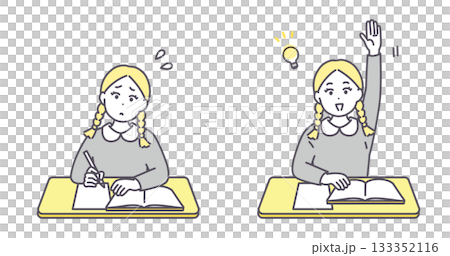 疑問　理解　机で学習する女の子のイラストセット　 133352116