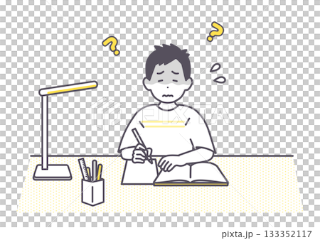 Illustration of a boy struggling to learn at home. I don't understand. It's difficult. 133352117