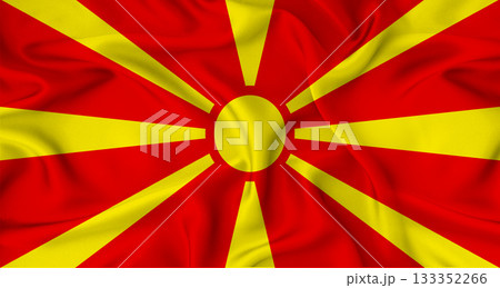 Realistic North Macedonia flag waving. Close up of flag of North Macedonia with cloth texture Realistic North Macedonia flag waving. Close up of flag of North Macedonia with cloth texture 133352266