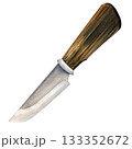 Artistic watercolor illustration of a hunting knife clipart, isolated on white, with a sharp blade and wooden handle 133352672