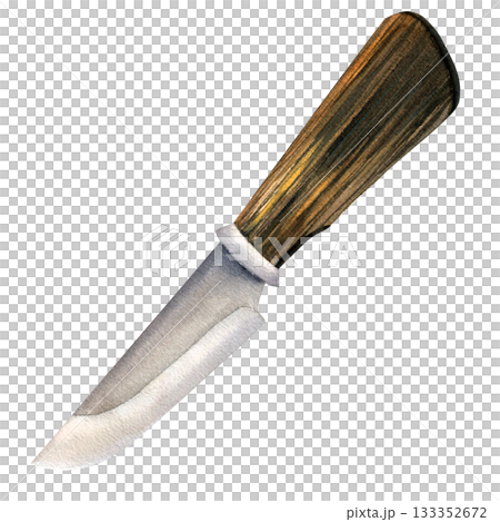 Artistic watercolor illustration of a hunting knife clipart, isolated on white, with a sharp blade and wooden handle 133352672