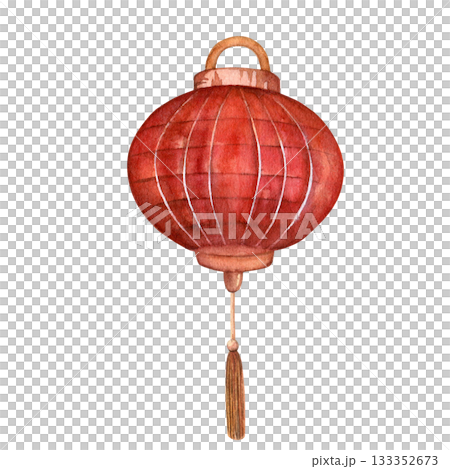Traditional chinese red paper lantern on a white background. Hand drawn. Watercolor illustration for design of cards, posters and templates 133352673