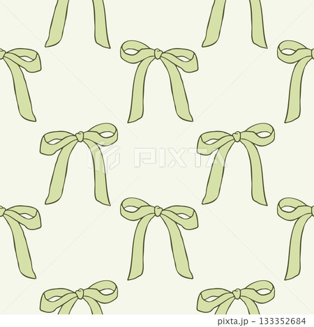 Seamless pattern with hand drawn green bows on a soft pastel background. Delicate, feminine, and whimsical design perfect for stationery, packaging, fabrics, wallpapers, and digital projects. Seamless pattern with hand drawn green bows on a soft pastel background. Delicate, feminine, and whimsical design perfect for stationery, packaging, fabrics, wallpapers, and digital projects. 133352684