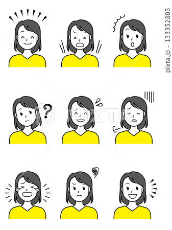 9種類の表情の若い女性のイラストセット 133352803