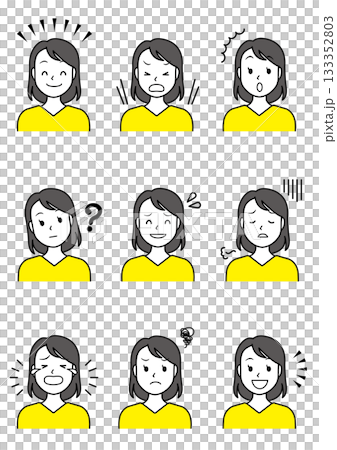 Illustration set of a young woman with nine different facial expressions 133352803