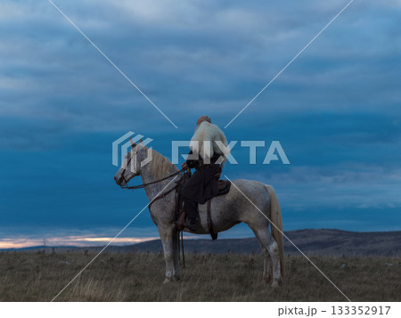 A majestic Viking chieftain on a dappled grey horse, clad in a fur cloak, surveys a desolate, mountainous landscape under a dramatic cloudy sky, exuding power and presence. A majestic Viking chieftain on a dappled grey horse, clad in a fur cloak, surveys a desolate, mountainous landscape under a dramatic cloudy sky, exuding power and presence. 133352917