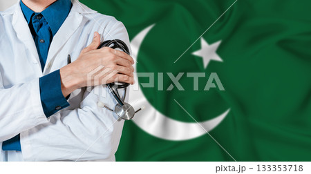 Pakistan healthcare concept. Doctor with stethoscope on Pakistan flag. Doctor holding stethoscope on Pakistani flag 133353718