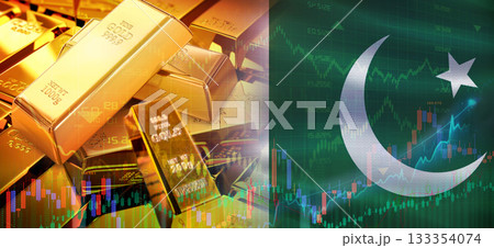 Gold bars stacked on Pakistani flag. Pakistan gold reserves, Concept 133354074