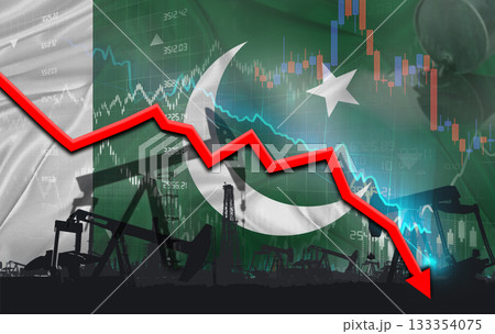 Crude crisis with Pakistani flag on financial graph. Fall oil price with flag of Pakistan on economic chart Crude crisis with Pakistani flag on financial graph. Fall oil price with flag of Pakistan on economic chart 133354075