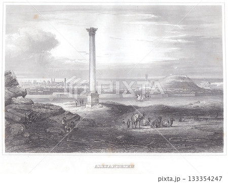 Historic engraving of Alexandria, Egypt, showcasing Pompey's Pillar, a bustling cityscape with domes and minarets, and the waterfront. Foreground features people, camels, and a rocky landscape Historic engraving of Alexandria, Egypt, showcasing Pompey's Pillar, a bustling cityscape with domes and minarets, and the waterfront. Foreground features people, camels, and a rocky landscape 133354247