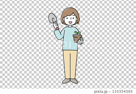 一位女士手持花盆和鐵鍬的插圖 133354393