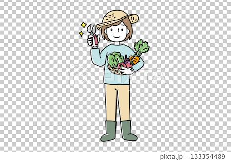 Illustration of a woman holding harvested vegetables and scissors Illustration of a woman holding harvested vegetables and scissors 133354489