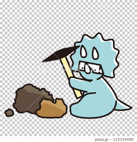 一隻戴著護目鏡、用鎬挖礦的小三角龍的插圖 133354490