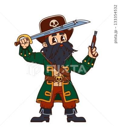Corsair pirate crew black beard captain cartoon character. Cheerful pirate character, boatswain bandit isolated vector mascot. Corsair fighter funny personage armed with flintlock pistol and sword 133354532