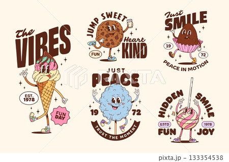 Bakery and dessert groovy characters stickers and sweets t shirt prints. Retro cartoon vector y2k ice cream, cookie, candy, cupcake, cotton candy and lollipop with fun, cheerful expressions and quotes Bakery and dessert groovy characters stickers and sweets t shirt prints. Retro cartoon vector y2k ice cream, cookie, candy, cupcake, cotton candy and lollipop with fun, cheerful expressions and quotes 133354538