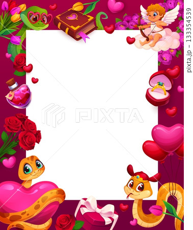 Valentine day greeting card template or frame surrounded by cute romantic elements like snakes with hearts, flowers, cupid, love potion, gift box and balloons. Cartoon vector border with copy space 133354539