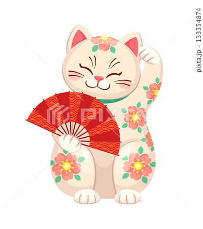 Maneki neko Japanese lucky cat with Chinese fan for luck and fortune symbol, cartoon vector. Maneki neko cat character with Chinese red fan with flowers decoration, happy smile and waving paw for luck 133354874