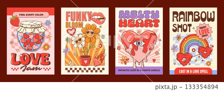 Love and Valentine day groovy hippie characters posters. Vector retro psychedelic cards with quirky jam jar, funky flowers with sunglasses, surreal melting heart with eye, rainbow pierced by an arrow 133354894
