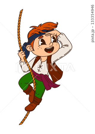 Swinging on rope boy kid pirate sailor cartoon funny character. Corsair boatswain cute mascot, kid pirate crew skipper happy vector character. Filibuster sailor looking in distance boy personage 133354946
