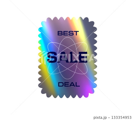 Metallic hologram Y2K best deal sale sticker or symbol. Seasonal sale offer gradient holographic patch, product sale metallic iridescent vector sticker. Store price off hologram label with wavy border 133354953