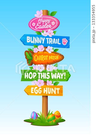 Easter signage, wooden sign board. Cartoon vector directional holiday banner reading happy Easter, bunny trail, carrot patch, hop this way, egg hunt. Signpost with flowers, painted eggs, green grass Easter signage, wooden sign board. Cartoon vector directional holiday banner reading happy Easter, bunny trail, carrot patch, hop this way, egg hunt. Signpost with flowers, painted eggs, green grass 133354955