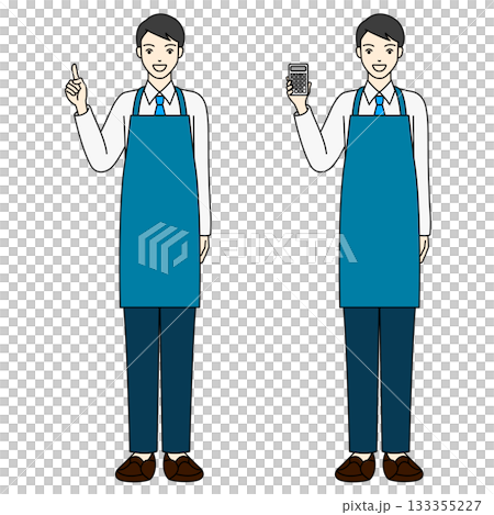 一位身穿圍裙的男售貨員用計算器給出估價，並指著商品進行確認。 133355227