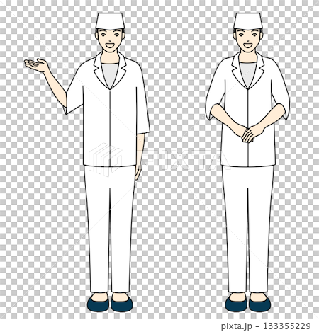 一位穿著休閒、打扮像廚師的男子，正在引導顧客並為他們服務。 133355229