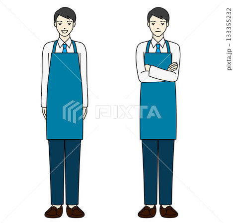 青いエプロンを着て腕組みと直立をする男性店員の全身イラスト 青いエプロンを着て腕組みと直立をする男性店員の全身イラスト 133355232