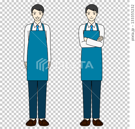 一幅男性職員全身像，他穿著藍色圍裙，雙臂交叉在胸前，筆直站立。 133355232